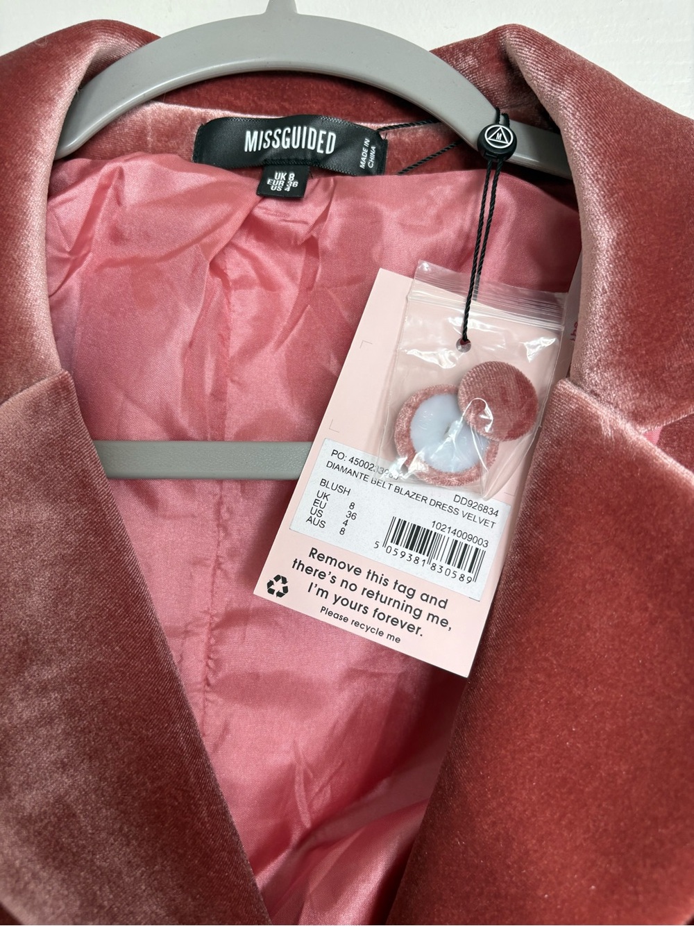 Missguided Dusty Rose Velvet Double-Breasted Blazer dress size US 4 - Picture 3 of 4